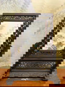 An Exquisite Redwood Inlaid Porcelain Plaques Blue and White Landscape Pattern Screen