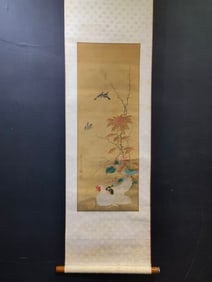 A Chinese Vertical Scroll Ink Painting of Flower and Butterfly on Silk