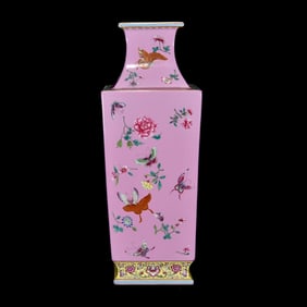 A Huge Ruby Red Glazed Famille-Rose Flower and Butterfly Pattern Vase