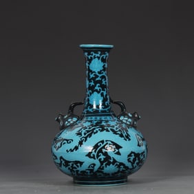 A Rare Ink Ground Blue Color Dragon Pattern Beast-Ears Vase