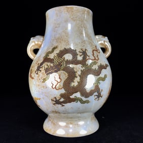 An Exquisite White yao Painted Color Dragon Pattern Double-Ears Vase