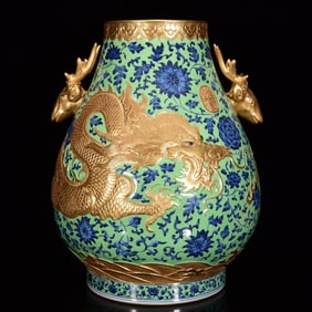 A Huge Blue and White Lotus and Dragon Pattern Double-Ears Vase