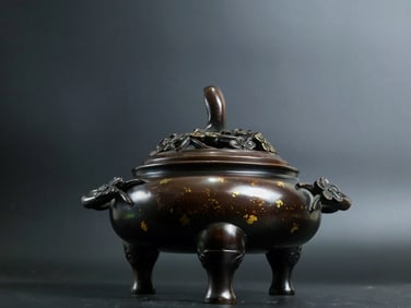 An Exquisite Gilt Bronze Plum Blossom Pattern Double-Ears and Tripod Censer