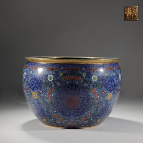 A Huge Cloisonne Enamel Lotus and Shou-Character Pattern Vat
