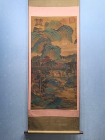 A Chinese Vertical Scroll Ink Painting of Landscape and Figure on Silk