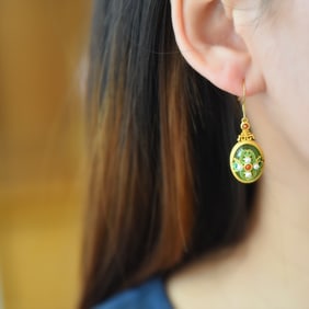 A Pair of Exquisite Sterling Silver-Gold Plated Inlaid Jasper Enamel Earrings,Inlaid Pearl
