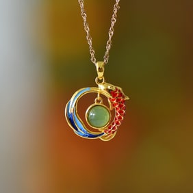 A Set of Fine Sterling Silver Inlaid Jasper Fish Pattern Jewelry