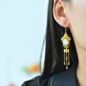 A Pair of Exquisite Sterling Silver-Gold Plated Inlaid White Jade Enamel Earrings
