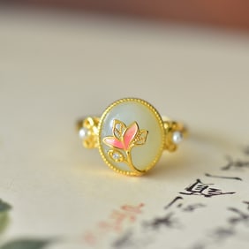 An Exquisite Sterling Silver-Gold Plated Inlaid White Jade Enamel Ring,Inlaid Diamond