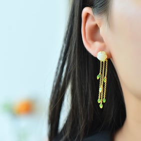A Pair of Exquisite Sterling Silver-Gold Plated Inlaid White Jade Enamel Earrings