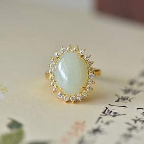 An Exquisite Sterling Silver-Gold Plated Inlaid White Jade Ring,Inlaid Diamond