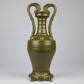 An Exquisite Teadust Glazed Inlaid Bronze Double-Ears Vase