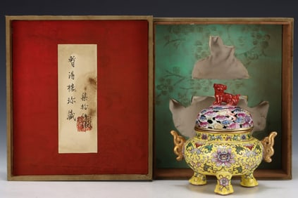 An Exquisite Enamel Lotus Pattern Double-Ears and Tripod Censer