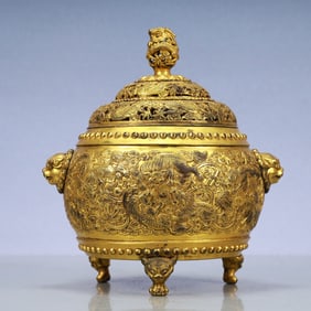 A Exquisite Gilt Bronze Dragon Pattern Auspicious Beast Pattern Double-Ears and Tripod Censer