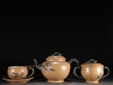 A Set of Fine Purple Sands Bamboo Pattern Teapot