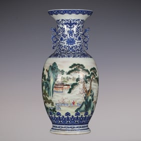 An Exquisite Famille-Rose Blue and White Landscape and Figure Pattern Double-Ears Vase