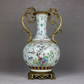 An Exquisite Famille-Rose Inlaid Bronze Flower and Bird Pattern Double-Ears Vase
