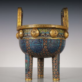 An Exquisite Cloisonne Gilt Bronze Lotus Pattern Double-Ears Tripod Censer