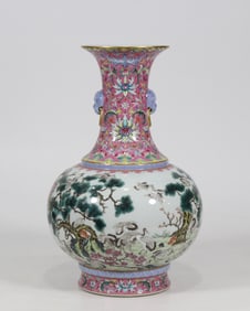 An Exquisite Famille-Rose Lotus Pattern Pine and Crane Pattern Double-Ears Vase