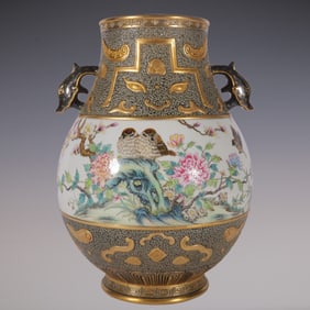 An Exquisite Enamel Painted Gold Beast-Face Pattern Flower and Bird Pattern with poem Double-Ears