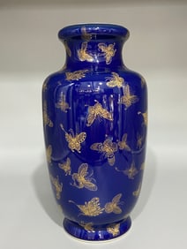 An Exquisite Ji Blue Glazed Painted Gold Butterfly Pattern Vase