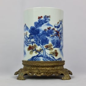 An Exquisite Blue and White Underglaze-Red Inlaid Bronze Landscape Pattern Brush Pot