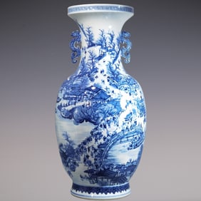 An Exquisite Blue and White Character and Story Pattern Double-Ears Vase