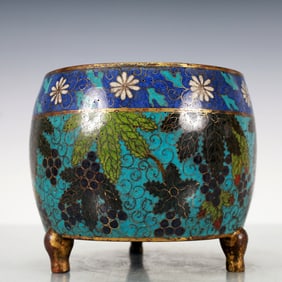 A Exquisite Cloisonne Gilt Bronze Grapes Pattern Tripod Jar
