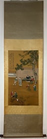 A Chinese Vertical Scroll Ink Painting of Character and Story on Silk