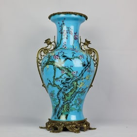 An Exquisite Famille-Rose Inlaid Bronze Flower and Bird Pattern with poem Double-Ears Vase