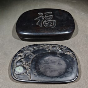 An Exquisite Bats and Peach Pattern with poem Inkstone