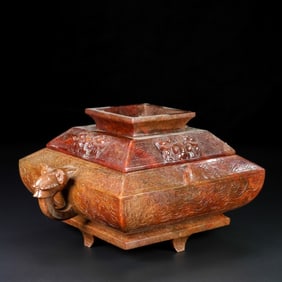 An Exquisite White Jade Beast-Face Pattern Double-Ears Censer
