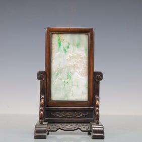 A Exquisite Zitanwood Inlaid Jadeite Character and Story Pattern with poem Screen