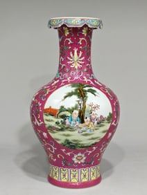 An Exquisite Enamel Ruby Red-Glazed Lotus Pattern Character and Story Pattern Vase