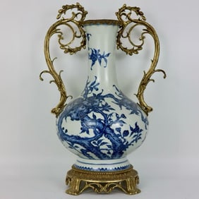An Exquisite Blue and White Inlaid Bronze Flower and Fruit Pattern Double-Ears Vase