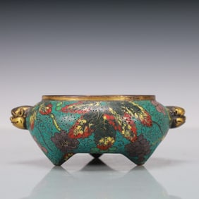 An Exquisite Cloisonne Gilt Bronze Flower Pattern Double-Ears Tripod Censer