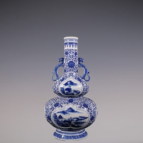An Exquisite Blue and White Lotus Pattern Landscape Pattern Gourd-Shaped Double-Ears Vase