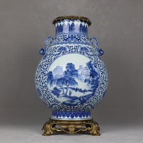 An Exquisite Blue and White Inlaid Bronze Lotus Pattern Landscape and Figure Pattern Double-Ears