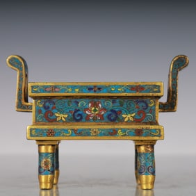 An Exquisite Cloisonne Gilt Bronze Lotus Pattern Double-Ears Censer