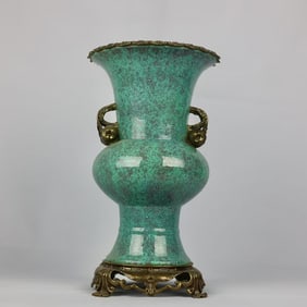 An Exquisite Robin's-Egg-Glazed Inlaid Bronze Double-Ears Vase