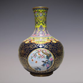 An Exquisite Enamel Painted Gold Lotus Pattern Flower and Bird Pattern Bats and Peach Pattern Pine