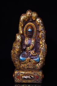 An Exquisite Stone Inlaid Gems Buddha Statue