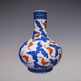An Exquisite Blue and White Iron-Red Bats Pattern Seawater Pattern Vase