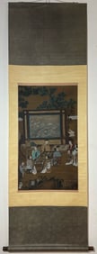 A Chinese Vertical Scroll Ink Painting of Character and Story on Silk