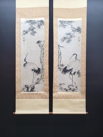 A Chinese Vertical Scroll Ink Painting of Pine and Crane on Paper