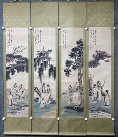 A Chinese Vertical Scroll Ink Painting of Character and Story on Paper