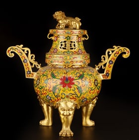 An Exquisite Cloisonne Lotus Pattern Lion Double-Ears and Tripod Censer