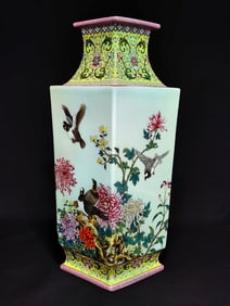 An Exquisite Enamel Lotus Pattern Flower and Bird Pattern with poem Double-Ears Vase
