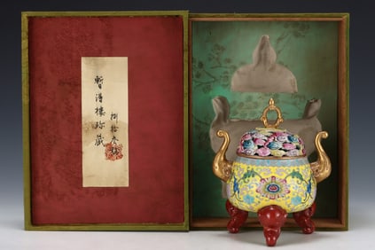 An Exquisite Enamel Lotus Pattern Double-Ears and Tripod Censer