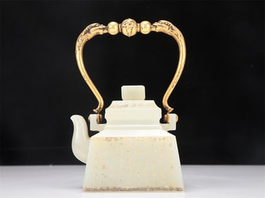 A Fabulous White Jade 'Poem' Teapot With A Gilt-Bronze 'Dragon' Overhead Handle